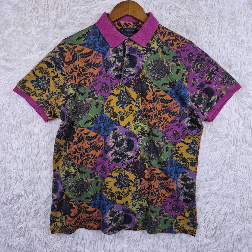 Etro Milano Mens 2XL Floral Paisley Patchwork Polo Shirt Handkerchief Italy